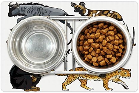 Ambesonne Zoo Pet tapete para comida e água, arranjo de animais selvagens de estilo de desenho animado da África Fauna Habitat Savannah Wilderness, retângulo de borracha sem deslizamento para cães e gatos, multicolor