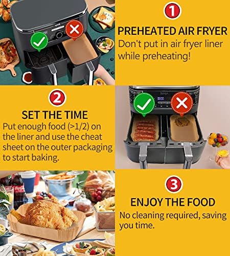 Air Fryer Disponível de papel, revestimentos de aeroporto retangular para Ninja Foodi DZ201 Acessórios para o forno de cesta dupla Inserir folha de pergaminho, cozinha de filtro de grau de alimento à prova d'água não branqueado