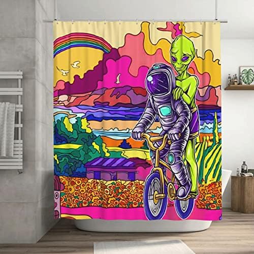 Yzdf Ciclismo astronauta Cortina de chuveiro alienígena abstrato onda arco -íris nuvem boho chuveiro cortina para banheiro hippie moderno tecido de fazenda decoração de banheiro estético à prova d'água com 12 ganchos 72x72in