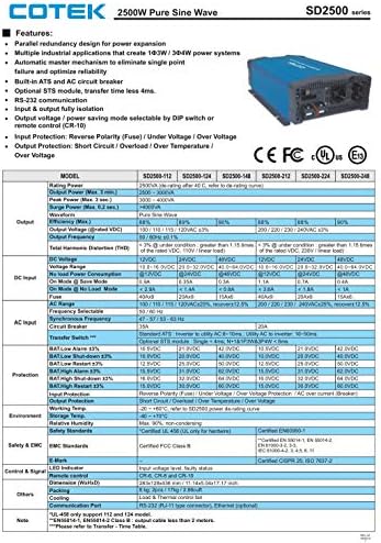 COTEK SD2500 GFCI Inversor de onda senoidal pura 120VAC 12VDC 2500W