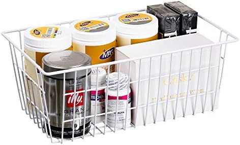 Sanno Freezer cestas de arame cestas de armazenamento de armário cestas de armazenamento bins recipientes de armazenamento de geladeira para escritório em casa, banheiro, despensa de armazenamento da organização de despensa -conjunto de 3, branco, 15,7