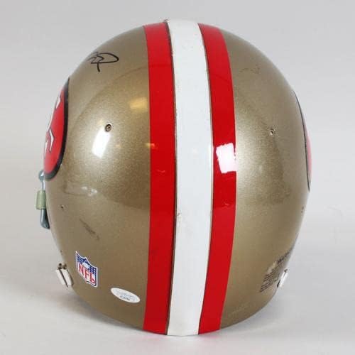 Joe Montana assinou o capacete 49ers usados ​​49ers - CoA JSA e equipe autêntica - capacetes da NFL autografados