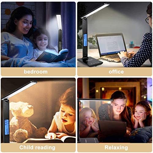 Lâmpada de mesa LED, lâmpada de mesa com carregador sem fio, adequado para casa, lâmpada de mesa diminuída de escritório, com porta de carregamento USB, relógio embutido, calendário, termômetro e lâmpada de mesa de leitura de tempo automático.