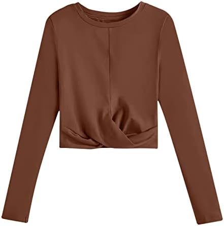 Tamas de colheita feminina amarrar a cor dianteira de manga longa camisas cortadas coloridas casuais pescoço fino blusa cortada