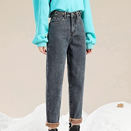 Calça feminina de inverno feminino foviguo grossa de lã de lã forrada de cintura elástica esbelta jeans
