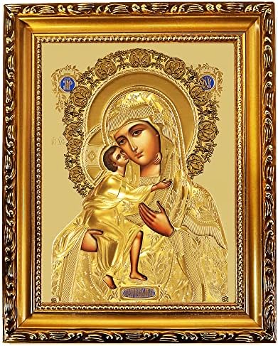 Ortodoxo católico Madonna e ícone infantil, Virgem Maria Cristo Jesus em ouro 9 1/2 polegadas, folha de ouro, presente