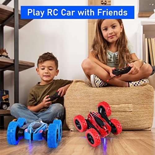 2 Pacote de controle remoto carro RC Dublê para crianças, Acekid 2,4 GHz 4WD Double-lado de 360 ​​° Caminhões RC com faróis, carros RC rápidos para meninos de 8 a 12 anos de aniversário, azul+vermelho