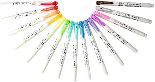 Zebra caneta Mildliner Brush Marker, escova de ponta dupla e caneta de ponta fina, cores macias variadas, 15 pacote