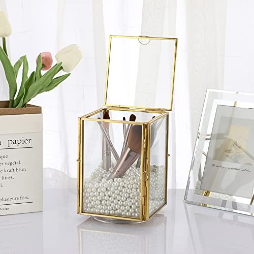 Juxyes Multi Picture Frame Cube Hold 4 Fotos de família de 4 x6 para o escritório em casa, Fotos rotatáveis ​​Organizador de armazenamento de mesa de caixa com tampa, cubo de moldura flutuante de vidro duplo para fotos de flores pressionadas Fotos