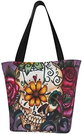 Antcreptson Sugar Skull and Flowers Tote Bolsa Bola de ombro casual de mulheres, bolsa de algodão para compras para compras pesadas reutilizáveis, para o exterior.