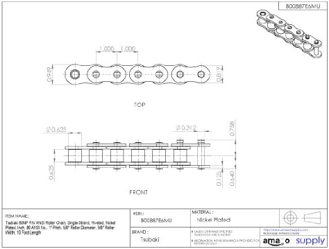 Tsubaki 80NPRB ANSI Chain Roller, fita única, rebitada, níquel, polegada, #80 ANSI No., 1 Pitch, 5/8 Diâmetro do rolo, largura do rolo de 5/8 , 10 pés de comprimento, 10 pés