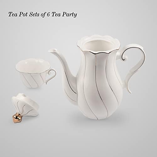 Conjunto de chá de 14 pcs, conjuntos de xícaras de chá Hsytek, delicados conjuntos de chá branco com acabamento dourado para mulheres presentes, chá de chá/chá chinês para 6 com colheres e bandeja de servir, porcelana Conjunto de chá para chá para chá e café