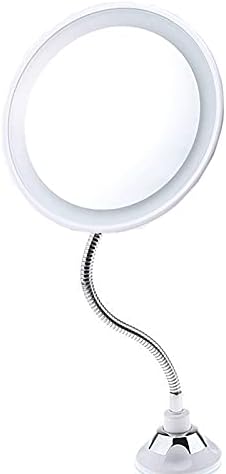 Espelho de maquiagem de aumento de 10x de LED de ganso flexível com copo de sucção de travamento, luz difusa brilhante