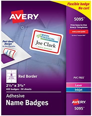 Avery White Adhesive Name Badges com borda vermelha, 2-1/3 x 3-3/8, caixa de 400