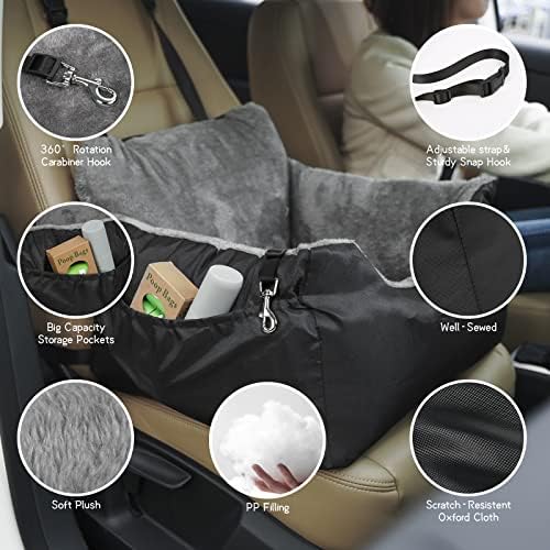 Assento de carro de cachorro assento de booster de estimação para cães pequenos com almofada dupla face, trela de segurança ajustável, gancho de snap robusto, dois bolsos de armazenamento, cama de carro de carro Ultra Soft de armazenamento destacável