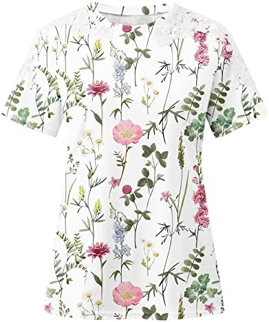 Algodão e spandex Tops Tops femininos Summer moda moda renda crochê de manga curta camisetas de gola de tripulação