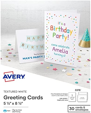 Cartões de felicitações imprimíveis de Avery, meio dobrado, 5,5 x 8,5, branco texturizado, 30 cartões em branco com envelopes