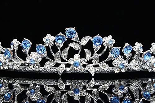 Casamento de folhas de folhas florais Crown Tiara - Cristais azuis Praqueamento de prata T662
