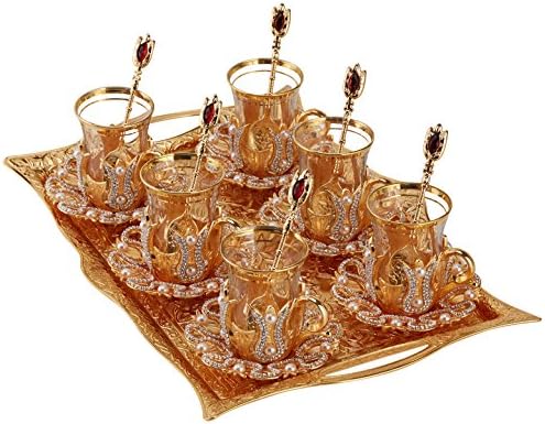 Copos de chá turcos Conjunto com pires Spoons & Bandey, decorados com cristais e pérolas do tipo Swarovski, 25 PCs,
