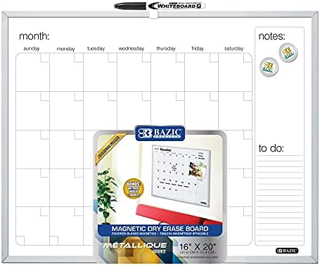 Placa de alumínio do calendário de apagamento seco magnético Bazic 16 x20, quadro branco do calendário, marcador de apagamento a seco, ímãs, para o planejador de programação do escritório, 6-pacote
