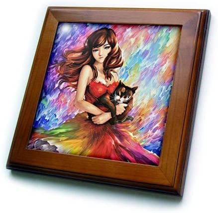 3drose ruiva mulher em vestido colorido abraça seu gato. Presente colorido. - ladrilhos emoldurados