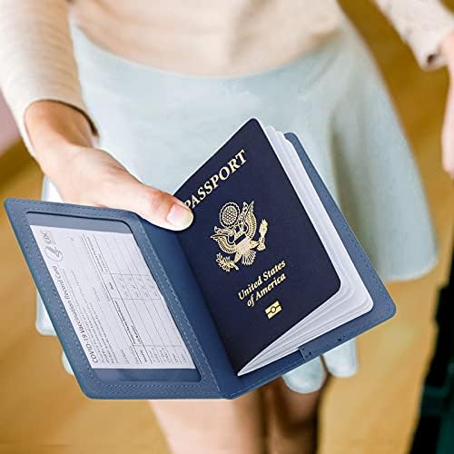 Labato passaporte e portador de cartões de vacina combina, tampa de passaporte de passaporte de vacina com protetor de cartões de vacina, organizador de couro de passaporte de viagem atualizado para homens de couro para homens, azul claro
