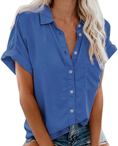 Mulheres camisas de manga curta V bolsos de pescoço de colarinho de colarinho para baixo camiseta top algodão linho macio plus