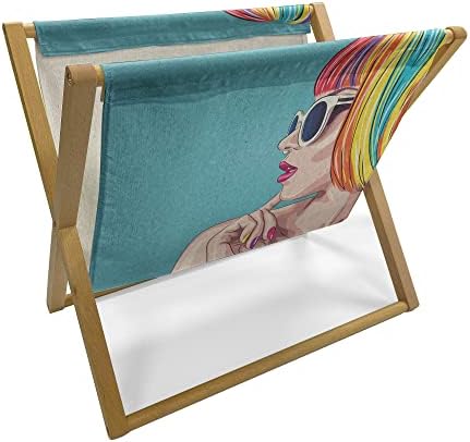 Ambesonne Colorful Magazine e titular de livros, Imagem de inspiração retrô da mulher peruca e óculos de sol de cor arco