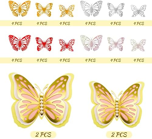 Nikujuga 52pcs 3d decoração de parede de borboleta Gold Metallic Butterflies para meninas de casamento para garotas