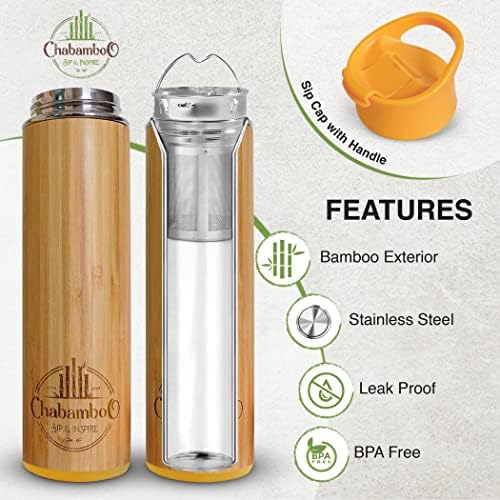 Tumbler de bambu de chabamboo - 17oz - com tampa e alça de gole - Flask de chá e café isolado Flask + Folha de folhas soltas íngrem