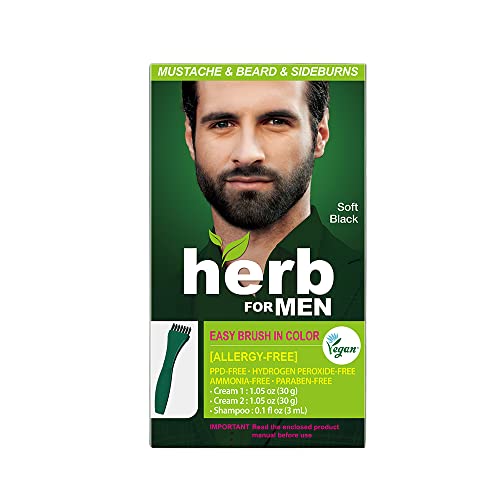 Herb for Men, PPD e Amônia Bigode e corante de barba, ingredientes naturais veganos, inodoro, não mais irritações da pele por colorir para a pele sensível - preto macio.