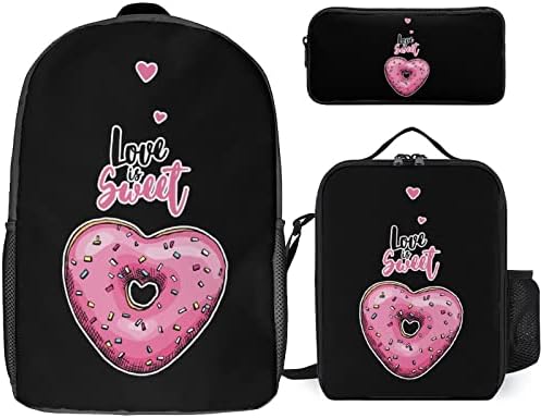 Pink Heart Donut School Backpack Conjuntos para Student Fo Cute impressa Livro Set com lancheira isolada e caixa de lápis