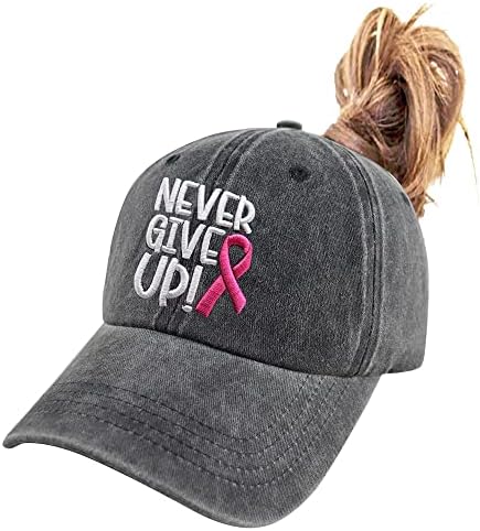 Logotipo de fita rosa feminina do HHNLB Chapéu de conscientização do câncer de mama, Ajustável bordado, nunca desista do boné de beisebol