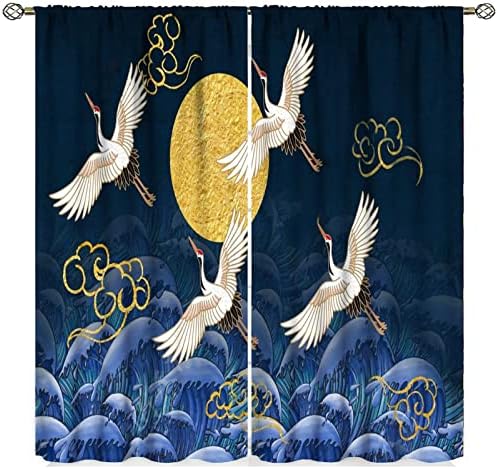 Estilo japonês cortinas retrô pássaros voadores de guindastes brancos draxas crianças meninos meninas onda oceano lua cheia