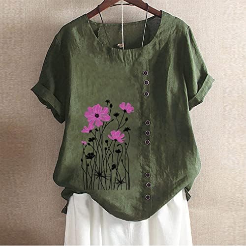 Camisetas de verão de linho de algodão para mulheres confortáveis ​​tampos de primavera respiráveis ​​Botões de manga curta Botões