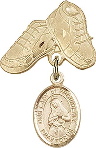 Rosgo para bebês de obsessão por jóias com o charme de Nossa Senhora da Providence e Pin Baby Boots | Distintivo de bebê cheio de ouro
