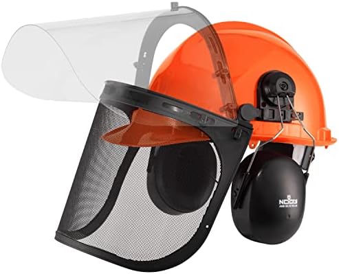 Capacete de segurança florestal industrial nocry 6-em-1 e sistema de proteção auditiva; Equipamento de proteção de face com duas viseiras de proteção; Pacote de 3: vermelho, laranja e branco