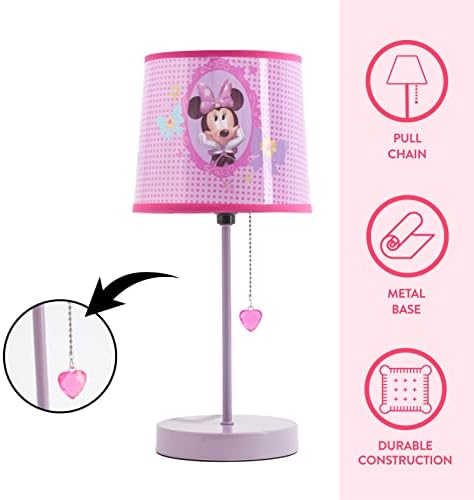 Ideia Nuova Disney Minnie Mouse Stick Table Kids Lamp com corrente de tração, tonalidade decorativa impressa com tema, rosa
