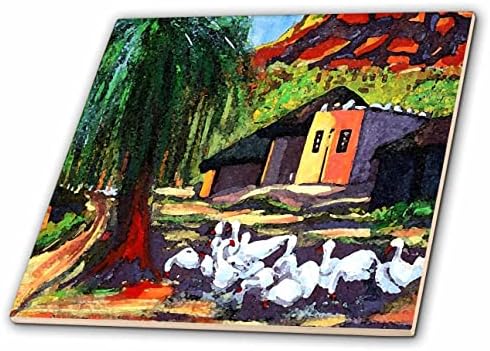 Imagem de 3drose da paisagem montanhosa com patos árvores e casa na África - azulejos