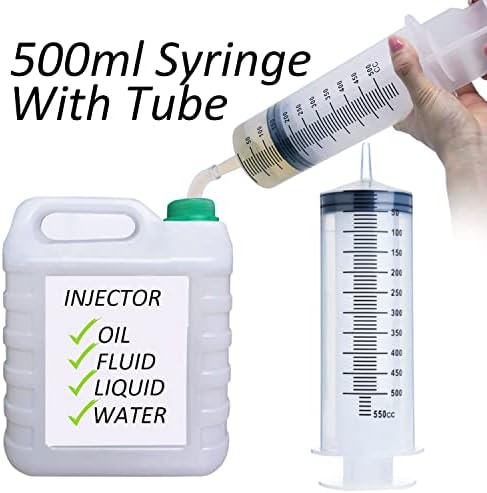 Seringa gigante para líquido, plástico grande 500 ml seringa grande com tubo de 31,5 polegadas, agulha contundente de 8Ga, estéril