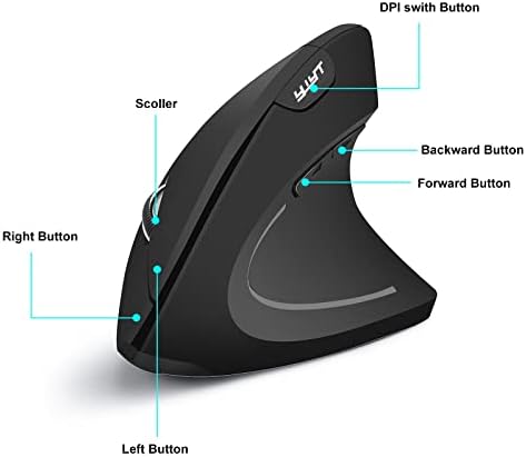 Atrasee mouse ergonômico sem fio recarregável USB 2,4GHz Camundongos ópticos verticais com 3 DPI ajustável 800/1200/1600, 6