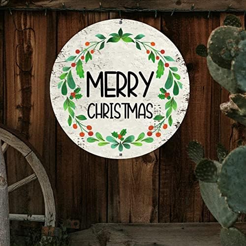 Decstic Welcome Sign Merry Christmas Round Tin Lin Signo de Natal Mistleto Wreath Sign Merry and Bright Metal Sign Arte da parede