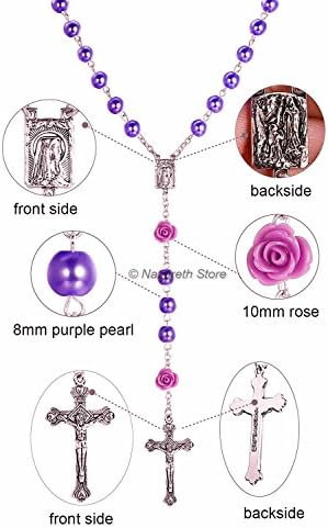 Nazareth Store Catholic Purple Pearl Beads Colar Rosário Our Rose Lourdes Medal & Cross NS