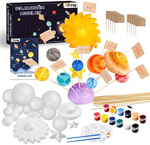 Pllieay 63pcs Sistema solar kit de bola de espuma inclui pigmentos coloridos, paleta, esferas de poliestireno de tamanho misto bolas, bandeira de palito, pincéis de pintura, bambu para projetos de ciências escolares