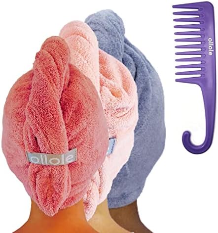 Ollole Microfiber Hair Toalha Página para mulheres, 3 pacotes +1 Cabelos longos de pente largo, seco rápido, envoltório de turbante, anti -frizz, tamanho longo, rosa, azul, rosa