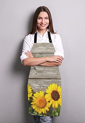 Avental de girassol de Lefolen, flores da primavera em tema rústico de tábua de madeira rústica Avental ajustável Avental de cozinha