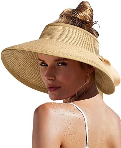 Camptrace Sun Visors for Women Wide Brim Beach Hat UPF 50+ Palavras de palha dobrável Visor Hat Summer Packable Packable