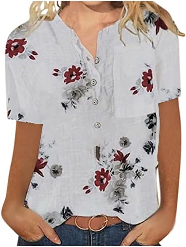 Kaniem Womens Manga curta Henley camisa botão para baixo Split V Decote blusa de verão causal com bolso com bolso