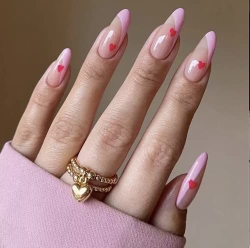 Glamour 24 pcs-12sizes acrílico pressionar unhas curtas médias, cola de amêndoa em unhas para mulheres corações rosa e vermelhos reutilizados