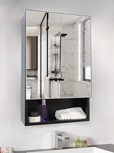Hesonth Farmhouse Black Metal Metal Montou o banheiro montado Cabinete de remédios com espelho Retângulo Vanidade Mirros para parede 16x26 polegadas